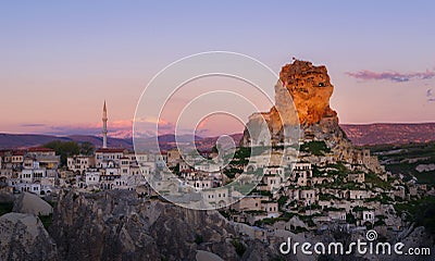 Ortahisar town at sunset. Cappadocia, Nevsehir Province. Turkey Stock Photo