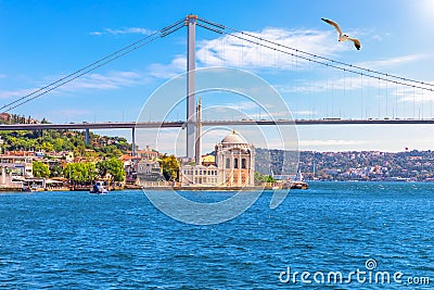 Ortakoy Mosque and the Bosphorus Bridge, beautiful sea view, Istanbul Stock Photo