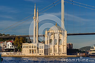 Ortakoy mosque and Bosphorus bridge facade view - Istanbul, Turkey Stock Photo