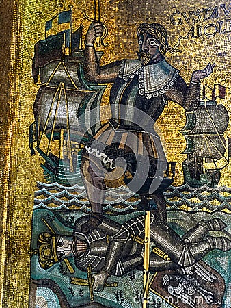 Orthern wall, Golden Hall Stockholm City Hall, Mosaic of Queen of Lake Malaren Editorial Stock Photo