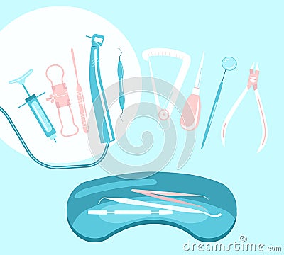 Dental tools and instruments in metal tray and around. Vector Illustration