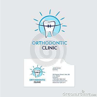 Orthodontist clinic logo. A tooth with braces in blue shine. Business card with a bite of even teeth. Vector Illustration