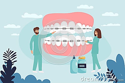 Orthodontist installs dental braces for straightening. Tiny Dentist doctor research X-ray picture of tooth. Dentistry Vector Illustration