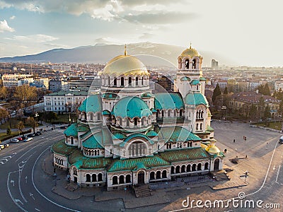 Orthodox Cathedral Alexander Nevsky, in Sofia, Bulgaria. Aerial photography in the sunset Stock Photo