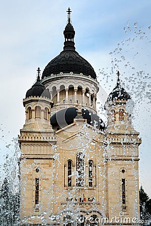 Orthodox Cathedral and water fountain in Cluj-Napoca Stock Photo