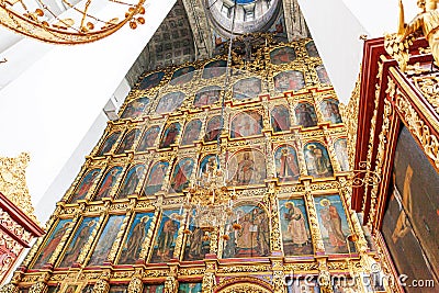 Orthodox Church. Christianity. Festive interior decoration with burning candles and icon in traditional Orthodox Church on Easter Stock Photo