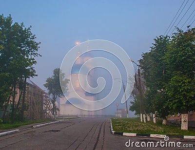 Orthodox church foggy morning road truck morning Stock Photo