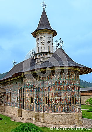 orthodox church with frescoes in the monastery Sucevita Editorial Stock Photo