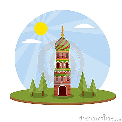 Orthodox Church on green landscape. Vector Illustration