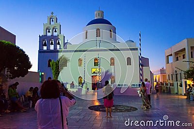 Orthodox church square in Oia town Santorini Greece Editorial Stock Photo