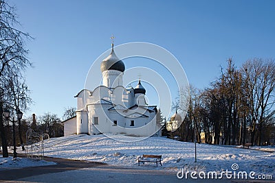 Pskov, Russia, January 2, 2024. Orthodox church on Vasilyevskaya Hill in the Middle City. Editorial Stock Photo