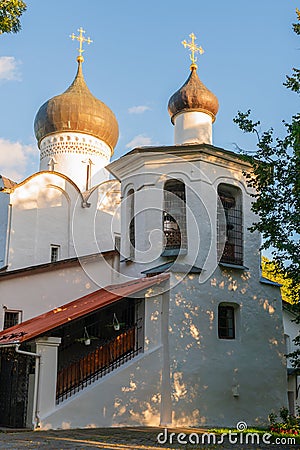 Pskov, Russia, September 6, 2023. Porch and bell tower of the Church of Vasily on Gorka. Stock Photo