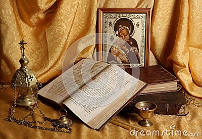 Orthodox icon, books and censer Stock Photo