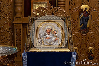 Orthodox Icon of Virgin Mary on Church Pulpit Stock Photo