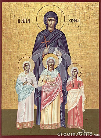 Orthodox icon Faith, Hope, Love and their mother Sophia Editorial Stock Photo