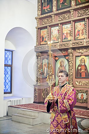 Orthodox liturgy with bishop Mercury in Moscow Editorial Stock Photo