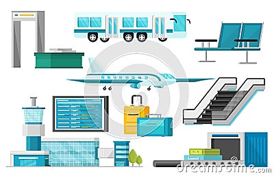 Orthogonal Airport Elements Set Vector Illustration