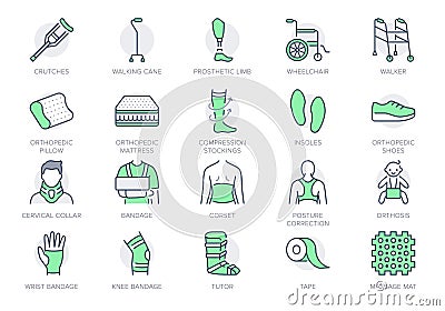 Orthopedic equipment line icons. Vector illustration include icon - shoulder bandage, stockings, children orthosis Vector Illustration