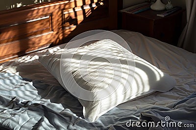 an orthopedic pillow on a wellmade bed, morning sunlight streaming Stock Photo