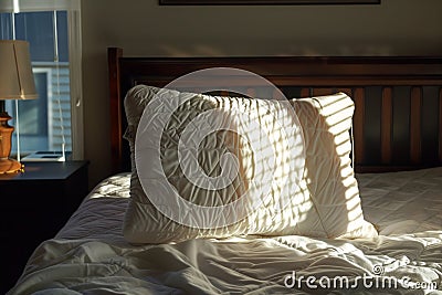 an orthopedic pillow on a wellmade bed, morning sunlight streaming Stock Photo