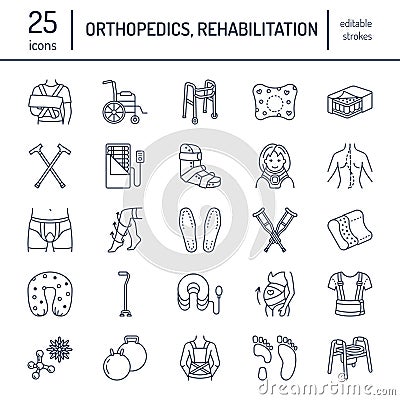 Orthopedic, trauma rehabilitation line icons. Crutches, orthopedics mattress pillow, cervical collar, walkers and other Vector Illustration