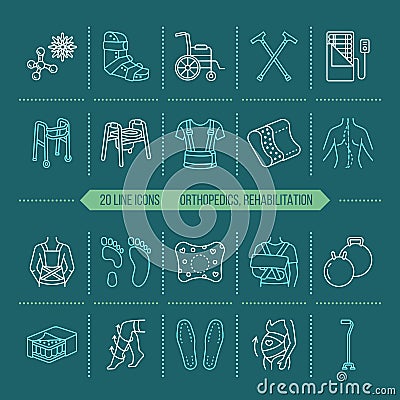 Orthopedic, trauma rehabilitation line icons. Crutches, orthopedics mattress pillow, cervical collar, walkers and other Vector Illustration