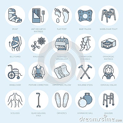 Orthopedic, trauma rehabilitation line icons. Crutches, orthopedics mattress pillow, cervical collar, walkers and other Vector Illustration