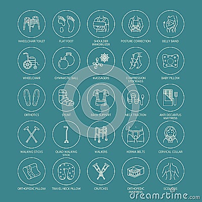 Orthopedic, trauma rehabilitation line icons. Crutches, orthopedics mattress pillow, cervical collar, walkers and other Vector Illustration