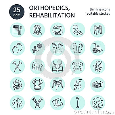 Orthopedic, trauma rehabilitation line icons. Crutches, orthopedics mattress pillow, cervical collar, walkers and other Vector Illustration