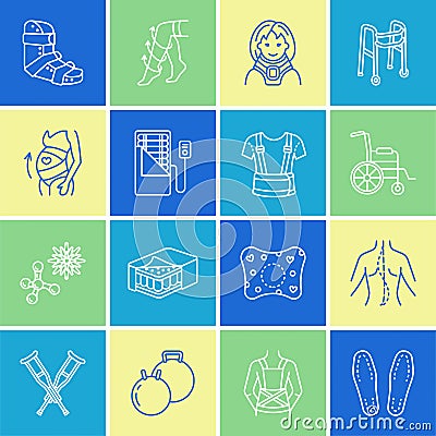 Orthopedic, trauma rehabilitation line icons. Crutches, orthopedics mattress pillow, cervical collar, walkers and other Vector Illustration