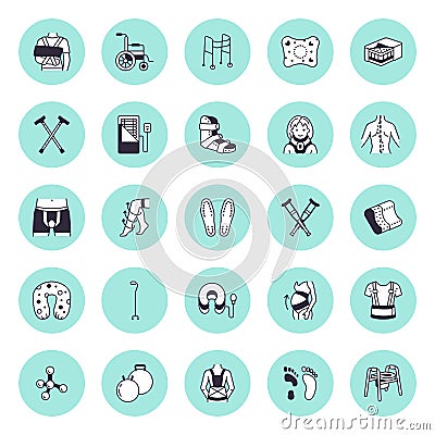 Orthopedic, trauma rehabilitation vector line icons. Crutches, mattress pillow, cervical collar, walkers, ergonomic Vector Illustration