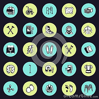 Orthopedic, trauma rehabilitation vector line icons. Crutches, mattress pillow, cervical collar, walkers, ergonomic Vector Illustration