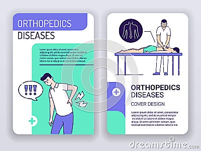 Orthopedics diseases and physiotherapy web banner brochures template. Man with back pain and doctor massages patient. Print design Vector Illustration