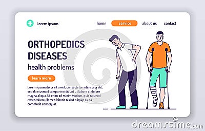 Orthopedics diseases web banner. Man with back pain. Man with broken leg is standing on crutches. Isolated cartoon character on a Stock Photo