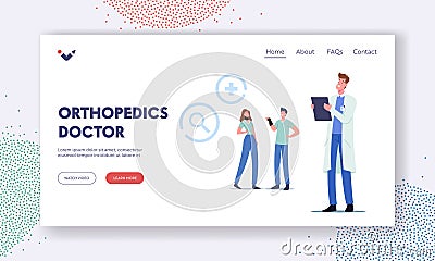 Orthopedics Doctor Landing Page Template. Healthcare Medicine, Therapy. Characters with Bandage Brace on Neck and Wrist Vector Illustration