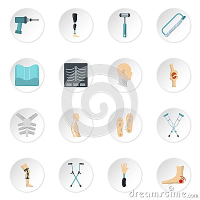 Orthopedics prosthetics icons set in flat style Vector Illustration