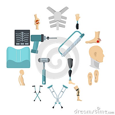 Orthopedics prosthetics icons set in flat style Vector Illustration