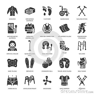 Orthopedics, trauma rehabilitation glyph icons. Crutches, mattress pillow, cervical collar, walkers, medical rehab goods Vector Illustration