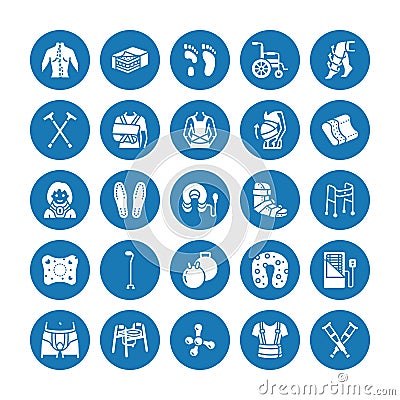 Orthopedics, trauma rehabilitation glyph icons. Crutches, mattress pillow, cervical collar, walkers, medical rehab goods Vector Illustration