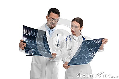 Orthopedists holding X-ray pictures on background Stock Photo