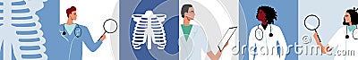 Orthopedists during treatment of spine, bones, ribs, flat vector stock illustration with doctors and diagnostics of Cartoon Illustration