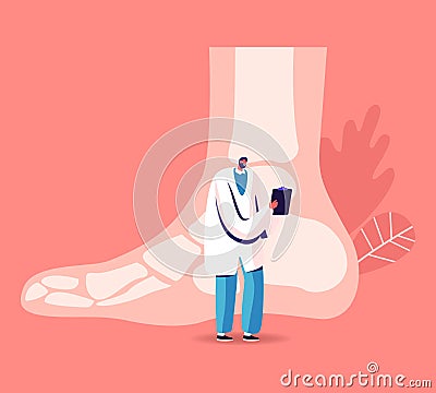 Orthopedy and Podiatry Medical Healthcare Concept. Doctor Podiatrist Character with Clip Board Stand at Huge Foot Vector Illustration