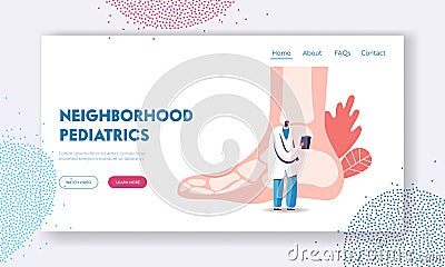Orthopedy and Podiatry Medical Healthcare Landing Page Template. Doctor Podiatrist Character Stand at Huge Foot Vector Illustration