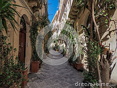 ortigia syracuse old buildings street view Sicily on sunny day Stock Photo