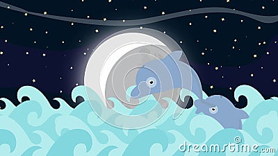 Os golfinhos dos desenhos animados que saltam entre o mar acenam em uma noite da Lua cheia Os golfinhos dos desenhos animados que saltam entre o mar acenam em uma noite da Lua cheia