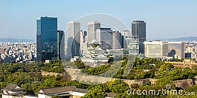 Osaka Castle from above skyline with skyscraper panorama in Japan Editorial Stock Photo