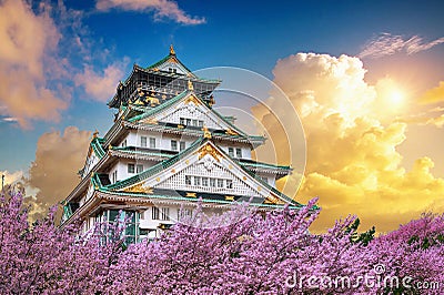 Osaka Castle and Cherry blossom at sunset in spring. Sakura seasons in Osaka, Japan Stock Photo