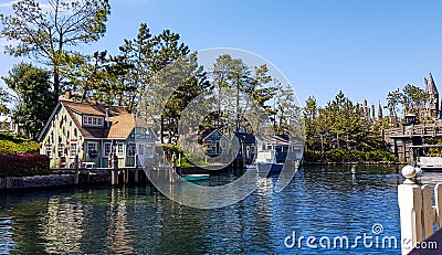 Osaka, Japan on April 9, 2019. A beautiful artificial lake in the middle of Universal Studios Japan area Editorial Stock Photo