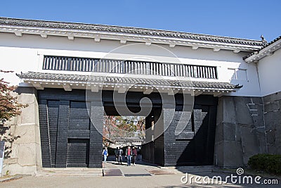 The ornate black and white Otemon entrance gate of Osaka Castle Editorial Stock Photo