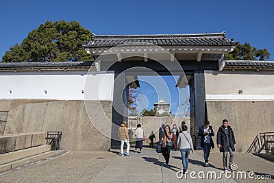 The ornate black and white Otemon entrance gate of Osaka Castle. Editorial Stock Photo